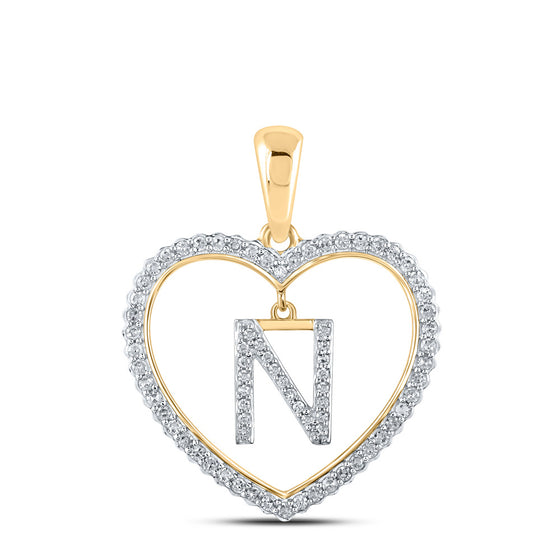 10k Yellow Gold Womens Round Diamond Heart N Letter Pendant 1/4 Cttw