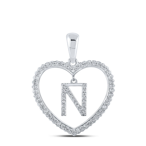 10k White Gold Womens Round Diamond Heart N Letter Pendant 1/4 Cttw