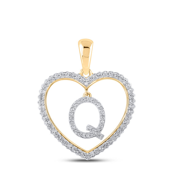 10k Yellow Gold Womens Round Diamond Heart Q Letter Pendant 1/4 Cttw