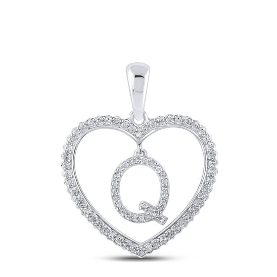 10k White Gold Womens Round Diamond Heart Q Letter Pendant 1/4 Cttw