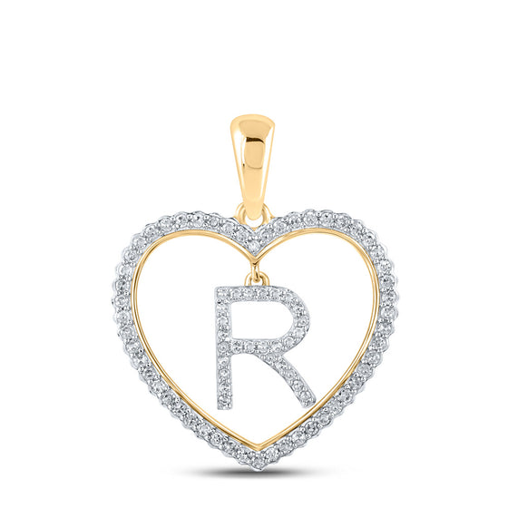 10k Yellow Gold Womens Round Diamond Heart R Letter Pendant 1/4 Cttw