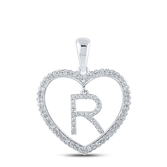 10k White Gold Womens Round Diamond Heart R Letter Pendant 1/4 Cttw
