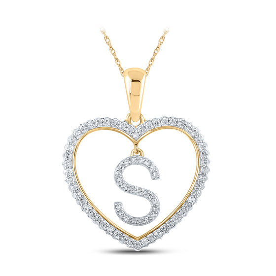 10k Yellow Gold Womens Round Diamond Heart S Letter Pendant 1/4 Cttw