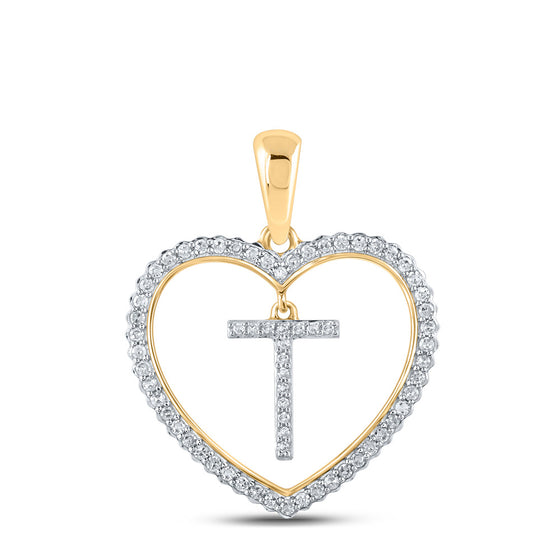 10k Yellow Gold Womens Round Diamond Heart T Letter Pendant 1/4 Cttw