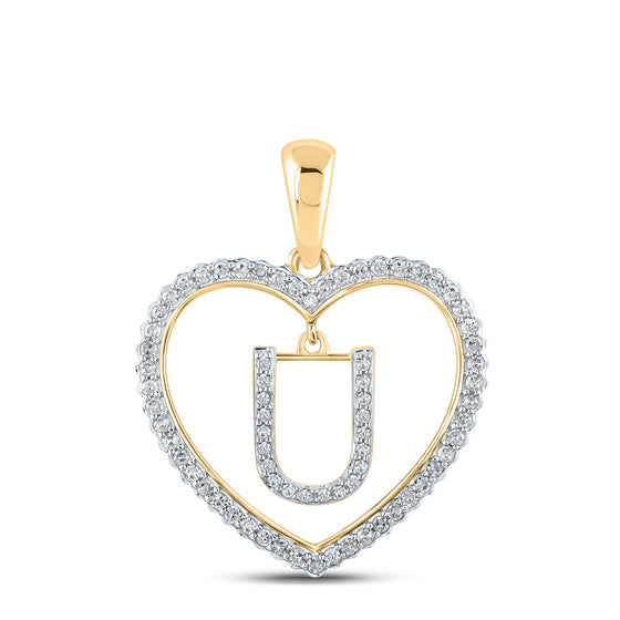 10k Yellow Gold Womens Round Diamond Heart U Letter Pendant 1/4 Cttw