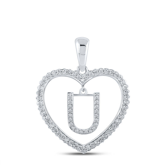 10k White Gold Womens Round Diamond Heart U Letter Pendant 1/4 Cttw