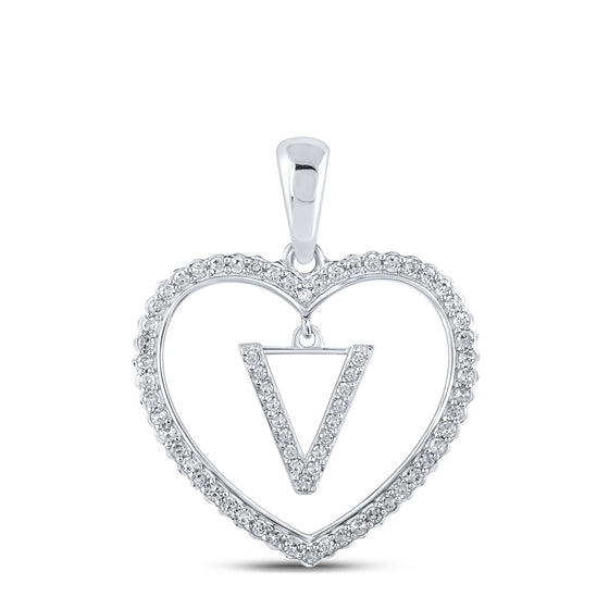 10k White Gold Womens Round Diamond Heart V Letter Pendant 1/4 Cttw