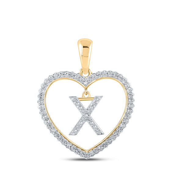 10k Yellow Gold Womens Round Diamond Heart X Letter Pendant 1/4 Cttw