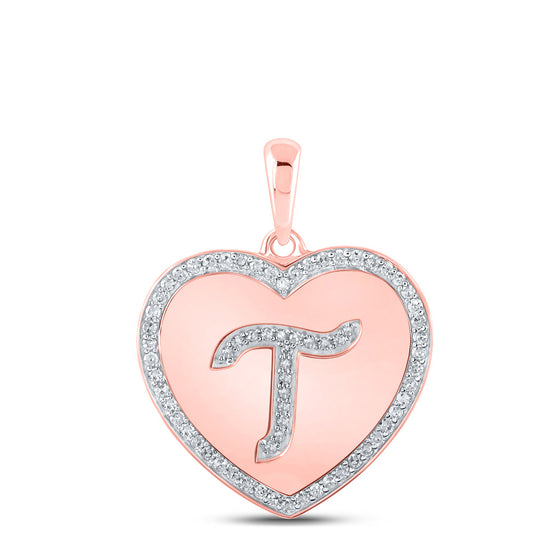 10k Rose Gold Womens Round Diamond Heart T Letter Pendant 1/4 Cttw