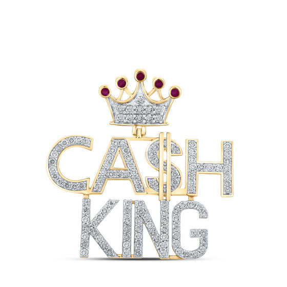 10k Yellow Gold Mens Round Ruby Diamond Cash King Phrase Charm Pendant 3-3/4 Cttw