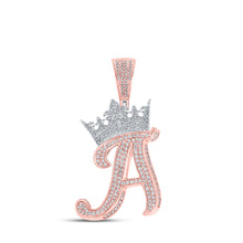  10k Two-tone Gold Mens Round Diamond Crown A Letter Charm Pendant 1-1/2 Cttw