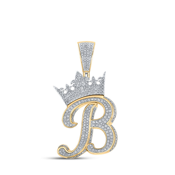 10k Two-tone Gold Mens Round Diamond Crown B Letter Charm Pendant 1-1/2 Cttw