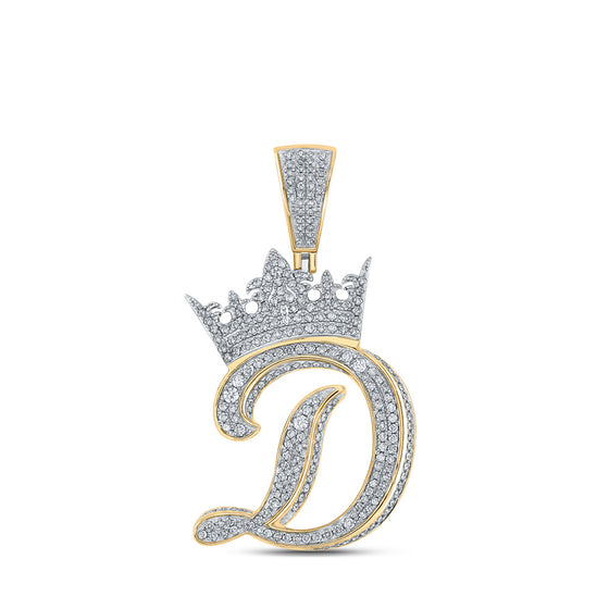 10k Two-tone Gold Mens Round Diamond Crown D Letter Charm Pendant 1-5/8 Cttw