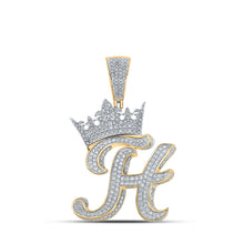  10k Two-tone Gold Mens Round Diamond Crown H Letter Charm Pendant 1-7/8 Cttw