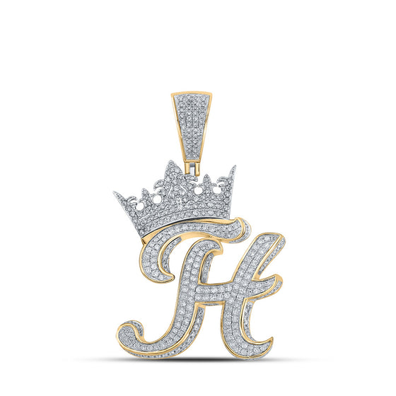10k Two-tone Gold Mens Round Diamond Crown H Letter Charm Pendant 1-7/8 Cttw