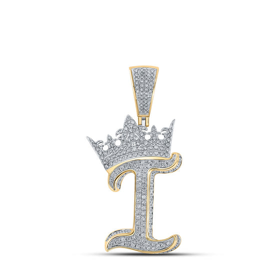 10k Two-tone Gold Mens Round Diamond Crown I Letter Charm Pendant 1-1/3 Cttw