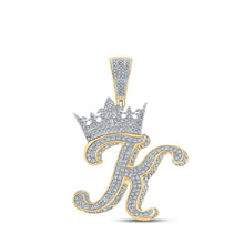  10k Two-tone Gold Mens Round Diamond Crown K Letter Charm Pendant 1-7/8 Cttw