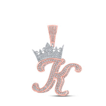  10k Two-tone Gold Mens Round Diamond Crown K Letter Charm Pendant 1-7/8 Cttw