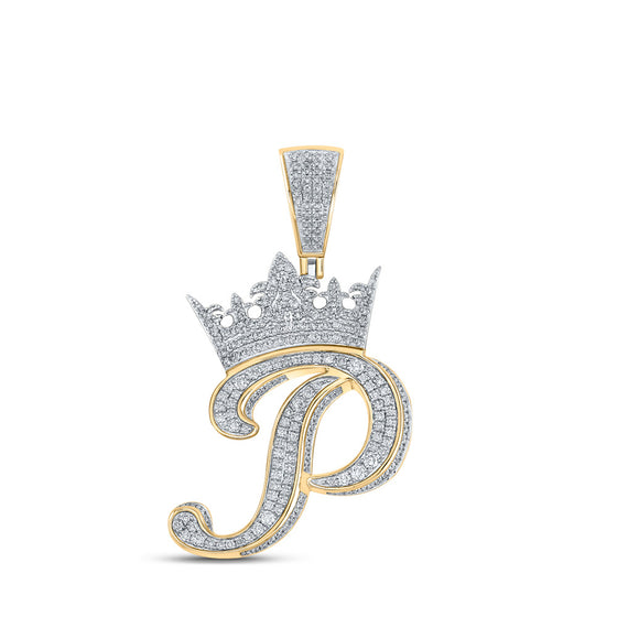 10k Two-tone Gold Mens Round Diamond Crown P Letter Charm Pendant 1-1/2 Cttw