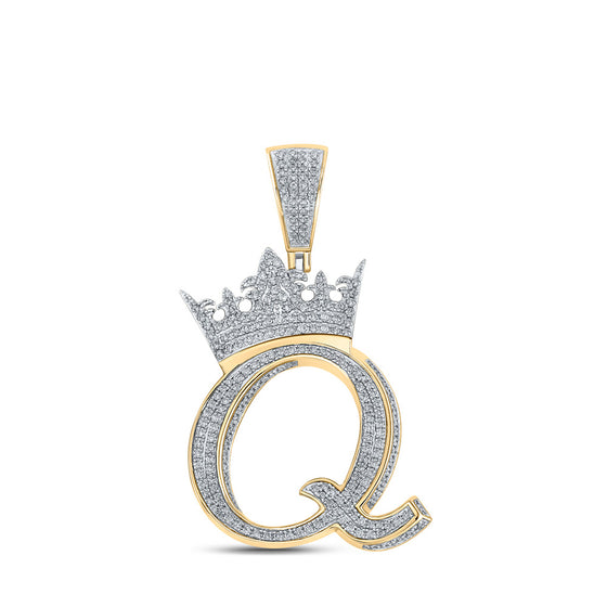 10k Two-tone Gold Mens Round Diamond Q Crown Letter Charm Pendant 1-3/8 Cttw