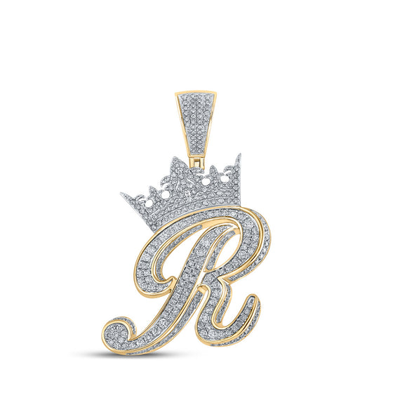 10k Two-tone Gold Mens Round Diamond Crown R Letter Charm Pendant 1-7/8 Cttw