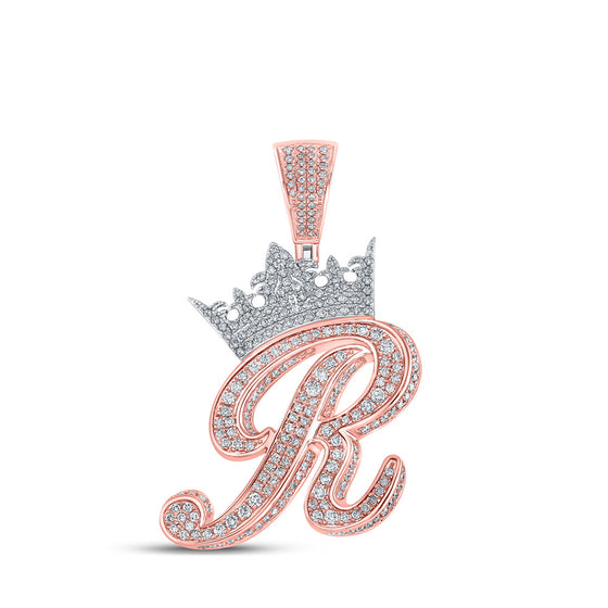10k Two-tone Gold Mens Round Diamond Crown R Letter Charm Pendant 1-7/8 Cttw