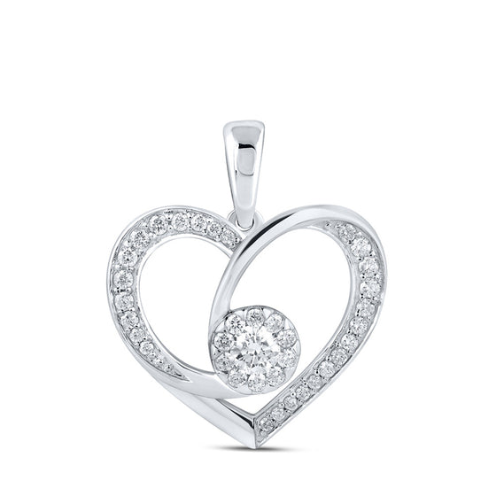 10k White Gold Womens Round Diamond Heart Pendant 3/8 Cttw