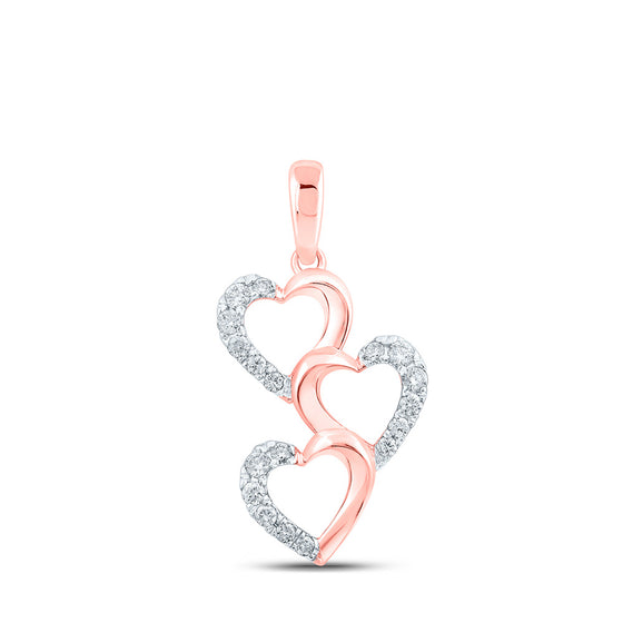 10k Rose Gold Womens Round Diamond Triple Heart Pendant 1/4 Cttw