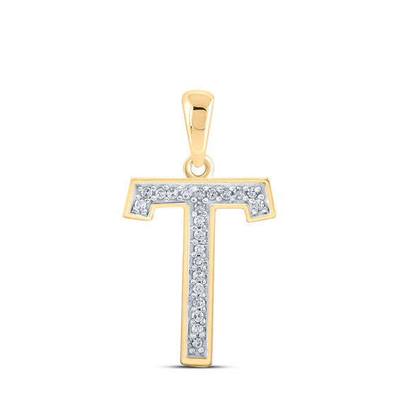 10k Yellow Gold Womens Round Diamond Initial T Letter Pendant 1/20 Cttw