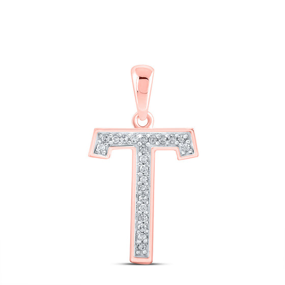 10k Rose Gold Womens Round Diamond Initial T Letter Pendant 1/20 Cttw