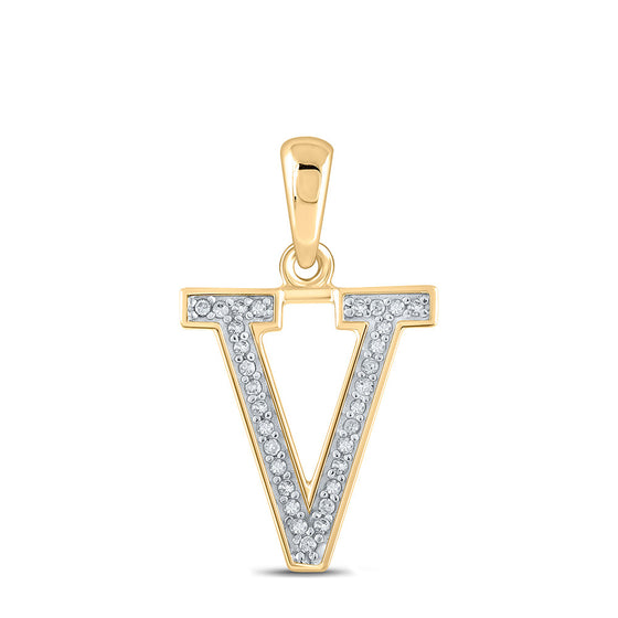 10k Yellow Gold Womens Round Diamond Initial V Letter Pendant 1/20 Cttw