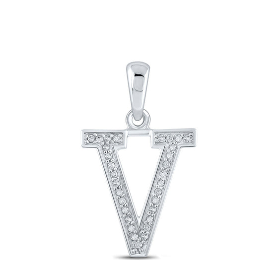 10k White Gold Womens Round Diamond Initial V Letter Pendant 1/20 Cttw