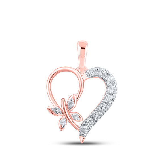 10k Rose Gold Womens Round Diamond Butterfly Heart Pendant 1/4 Cttw