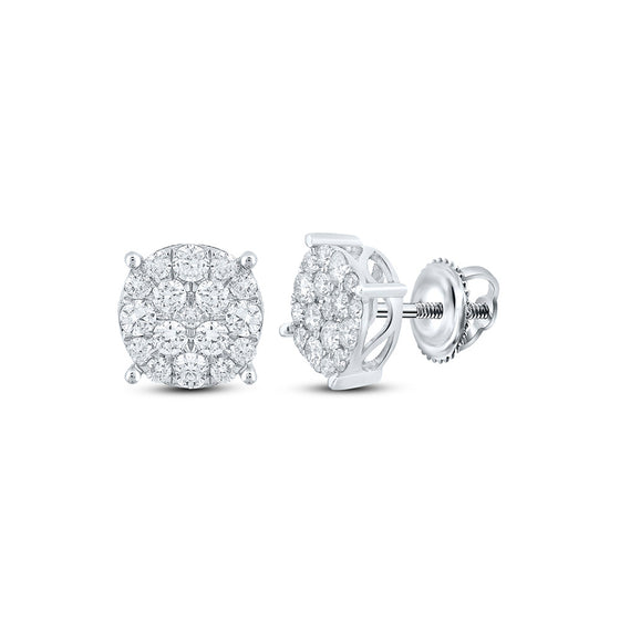 10k White Gold Round Diamond Cluster Earrings 1 Cttw