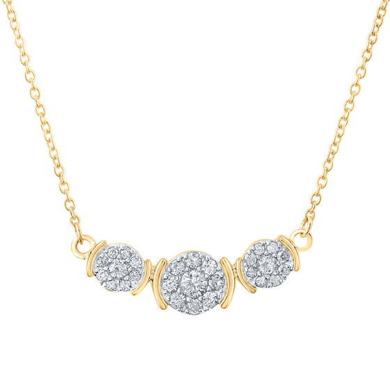 10k Yellow Gold Womens Round Diamond Triple Cluster Necklace 1/4 Cttw