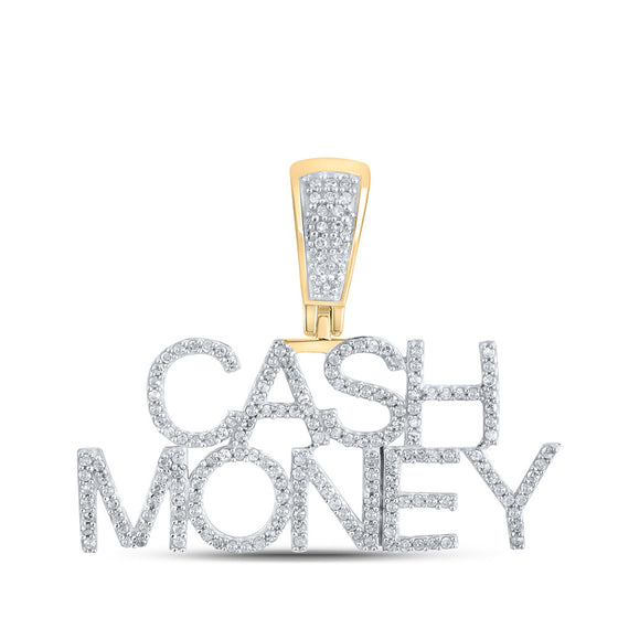 10k Yellow Gold Womens Round Diamond Cash Money Phrase Pendant 1/2 Cttw
