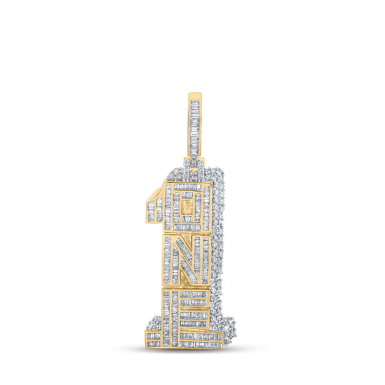 10k Yellow Gold Mens Baguette Diamond Number 1 Charm Pendant 2-5/8 Cttw