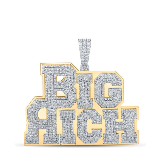 10k Yellow Gold Mens Round Diamond Big Rich Phrase Charm Pendant 3-3/8 Cttw