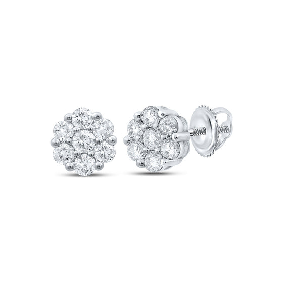 10k White Gold Womens Round Diamond Flower Cluster Earrings 1 Cttw