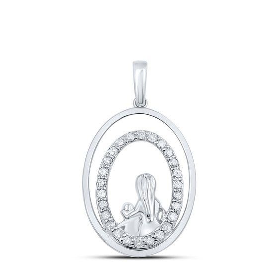 10k White Gold Womens Round Diamond Oval Child Mom Pendant 1/5 Cttw