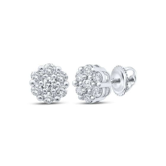 10k White Gold Womens Round Diamond Flower Cluster Earrings 1/2 Cttw