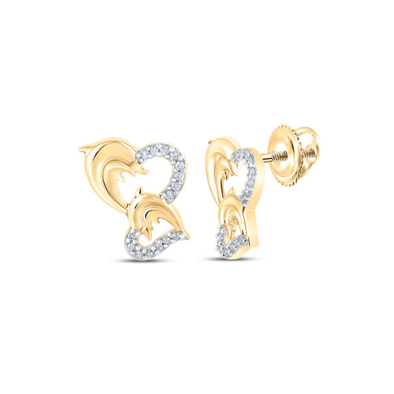 10k Yellow Gold Womens Round Diamond Dolphin Heart Earrings 1/10 Cttw