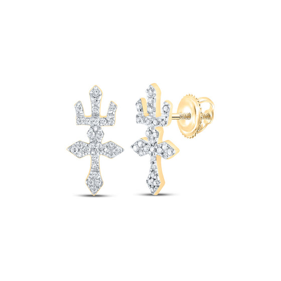 10k Yellow Gold Womens Round Diamond Crown Cross Earrings 1/6 Cttw