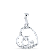  10k White Gold Womens Round Diamond Owl Heart Pendant 1/12 Cttw