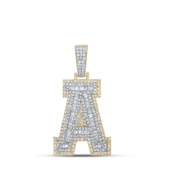 10k Two-tone Gold Mens Baguette Diamond A Initial Letter Charm Pendant 1-7/8 Cttw