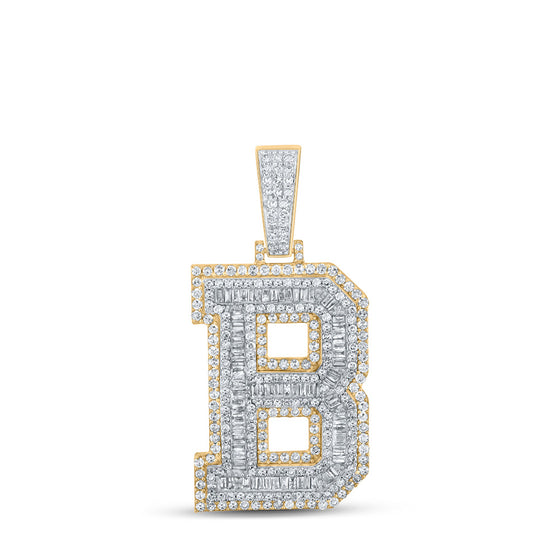 10k Two-tone Gold Mens Baguette Diamond B Initial Letter Charm Pendant 2-1/5 Cttw