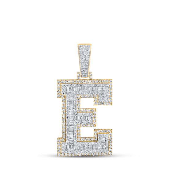 10k Two-tone Gold Mens Baguette Diamond E Letter Charm Pendant 2-1/6 Cttw