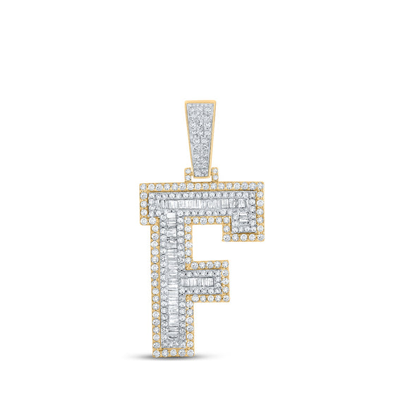 10k Two-tone Gold Mens Baguette Diamond F Initial Letter Charm Pendant 1-1/2 Cttw