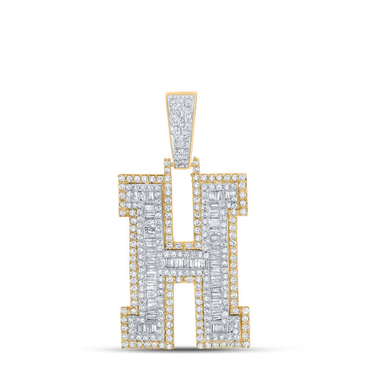 10k Two-tone Gold Mens Baguette Diamond H Initial Letter Charm Pendant 2 Cttw
