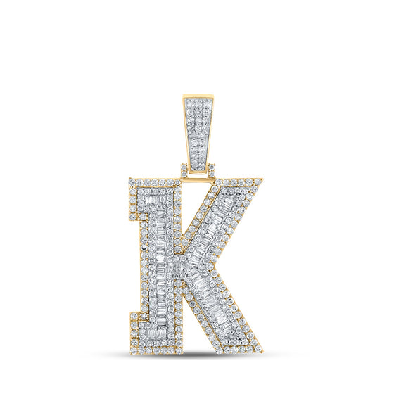 10k Two-tone Gold Mens Round Diamond K Initial Letter Charm Pendant 1-7/8 Cttw
